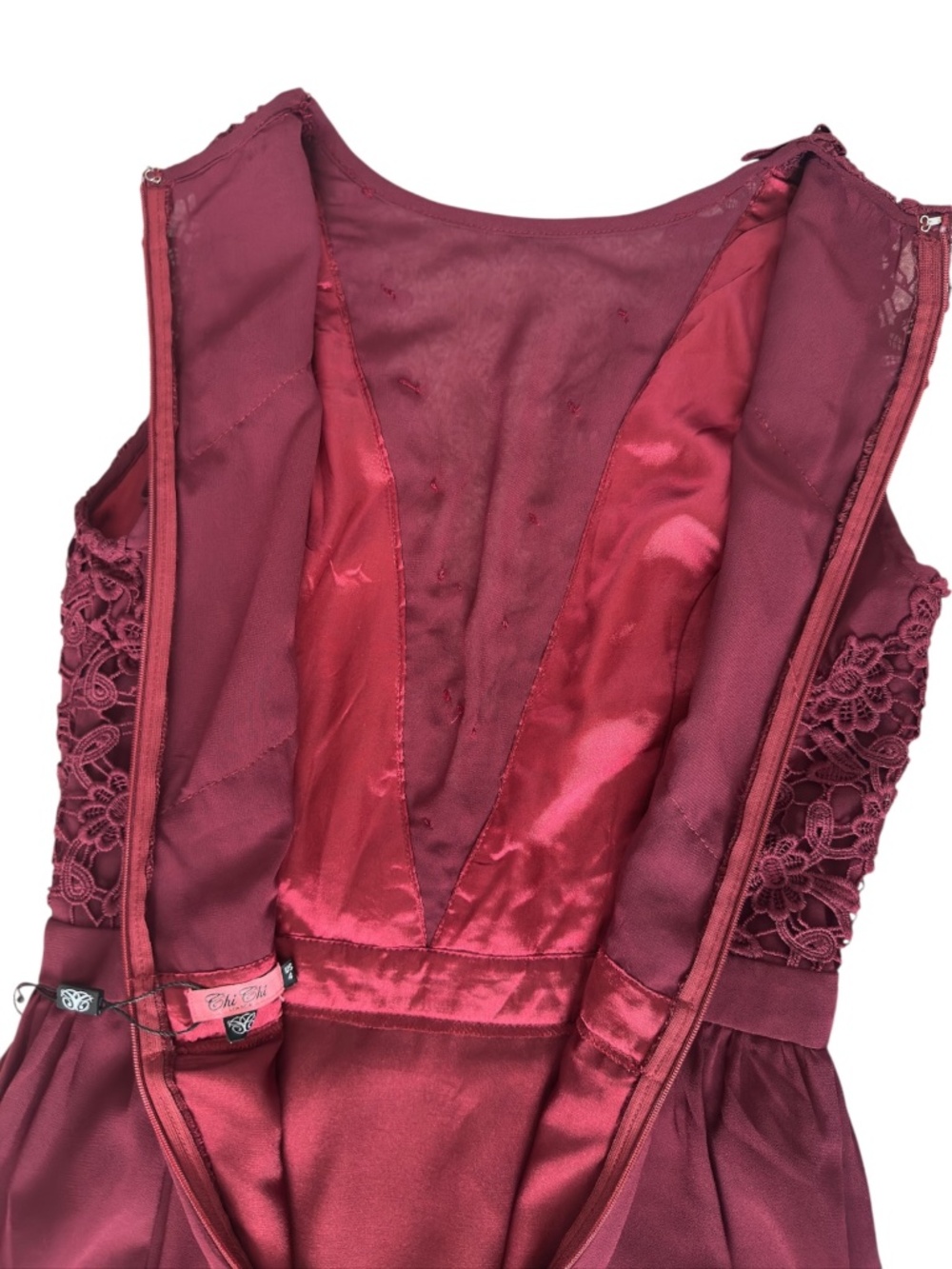 Chi Chi London - Tiffy - Plunge Illusion Lace Chiffon Gown - Burgundy - Size 4 - Picture 6 of 12